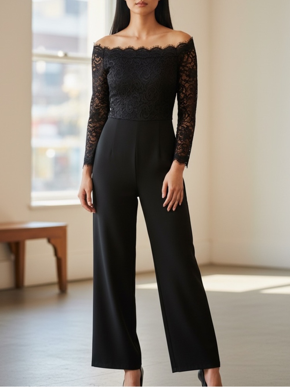 Elegant Black Lace Off-Shoulder Wide-Leg Jumpsuit